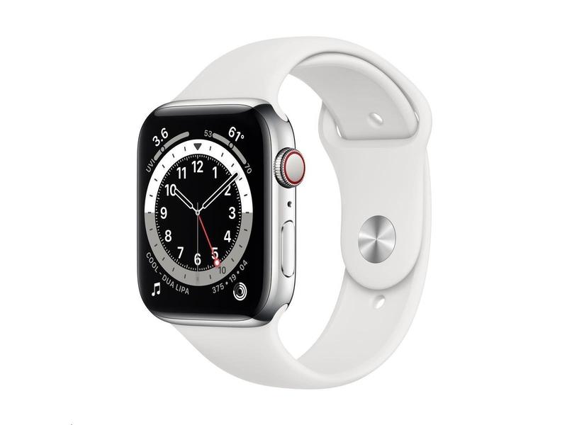 Chytré hodinky APPLE Watch Series 6 Cellular 44mm Stříbrný nerez s Bílým sprotovním řemínkem