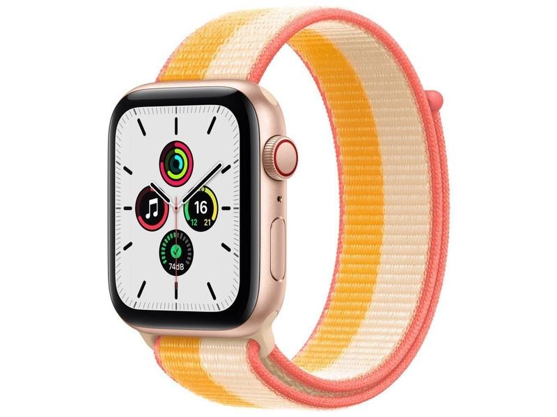 Chytré hodinky APPLE Watch SE GPS Cellular, 44mm zlatý hliník s žluto bílým provlékacím sport řemínkem