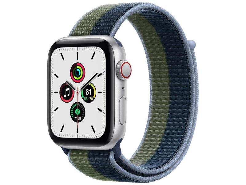 Chytré hodinky APPLE Watch SE GPS Cellular, 44mm stříbrný hliník s modrozeleným provlékacím sport řem.