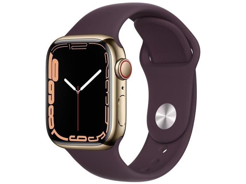 Chytré hodinky APPLE Watch S7 GPS Cellular, 41mm zlatý nerez s tmavě višňovým sport řemínkem