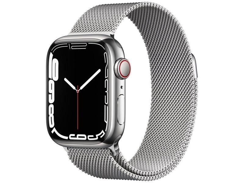 Chytré hodinky APPLE Watch S7 GPS Cellular, 41mm stříbrný nerez se stříbrným milánským tahem