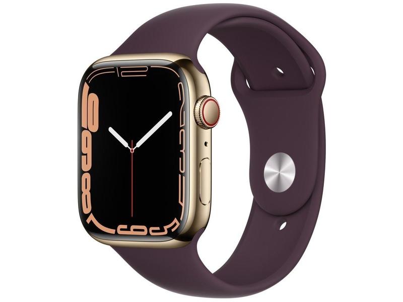 Chytré hodinky APPLE Watch S7 GPS Cellular, 45mm zlatý nerez s višňovým sport řemínkem