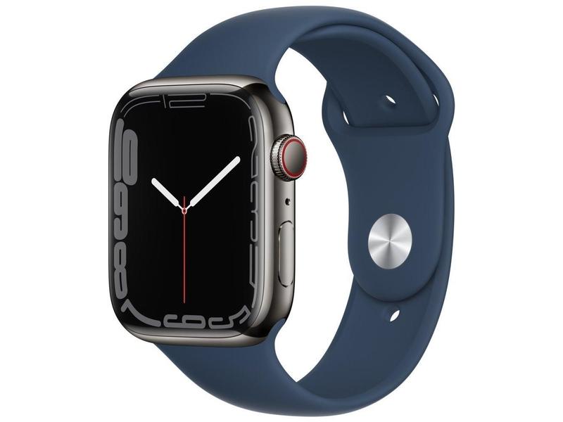 Chytré hodinky APPLE Watch S7 GPS Cellular, 45mm grafitový nerez s modrým sport řemínkem