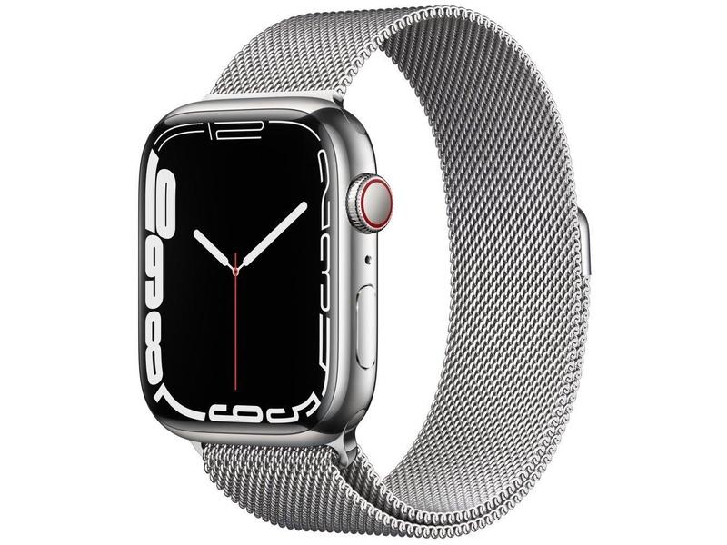Chytré hodinky APPLE Watch S7 GPS Cellular, 45mm stříbrný nerez se stříbrným milánským tahem