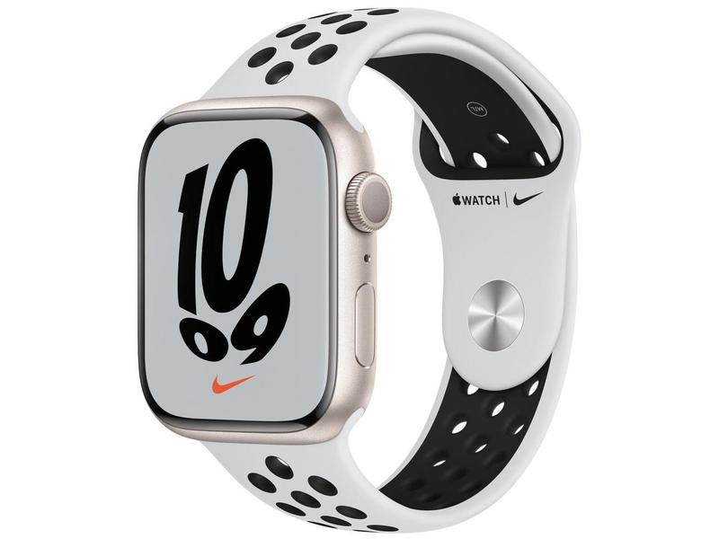 Chytré hodinky APPLE Watch Nike S7 GPS, 45mm hvězdně bílý hliník s platinovým / černým sport řemínkem