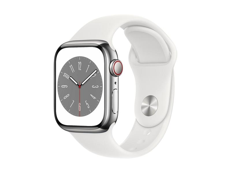 Chytré hodinky APPLE Watch Series 8 GPS + Cellular 41mm Silver Stainless Steel Case with White Sport Band - Reg