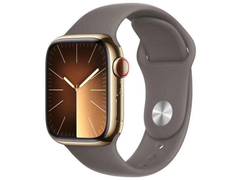 Chytré hodinky APPLE Watch Series 9 Cellular 41mm Zlatá ocel s jílově šedým sportovním řemínkem S/M
