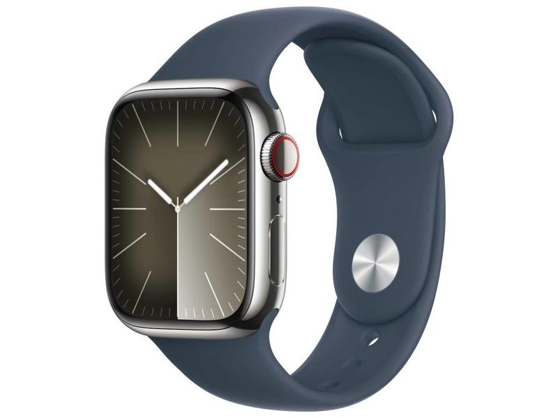 Chytré hodinky APPLE Watch Series 9 Cellular 41mm Stříbrná ocel s bouřkově modrým sportovním řemínkem S/M