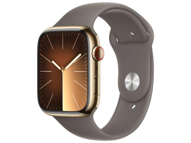 Chytré hodinky APPLE Watch Series 9 Cellular 45mm Zlatá ocel s jílově šedým sportovním řemínkem M/L