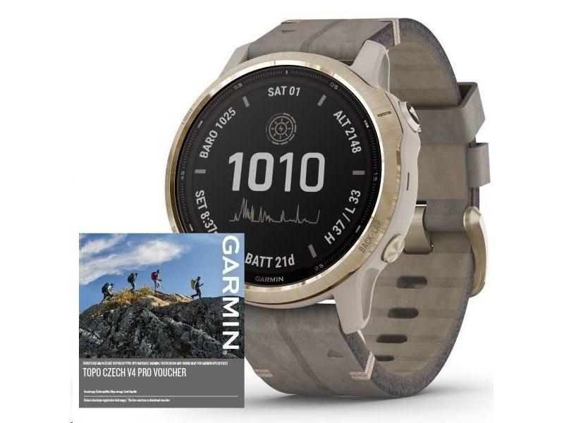 Chytré hodinky GARMIN fenix 6S PRO Solar, LightGold/Suede Band (MAP/Music)