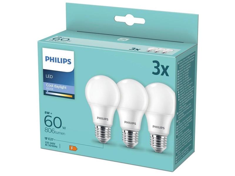 LED žárovka PHILIPS klasik, 8W, E27, chladná denní, 3ks
