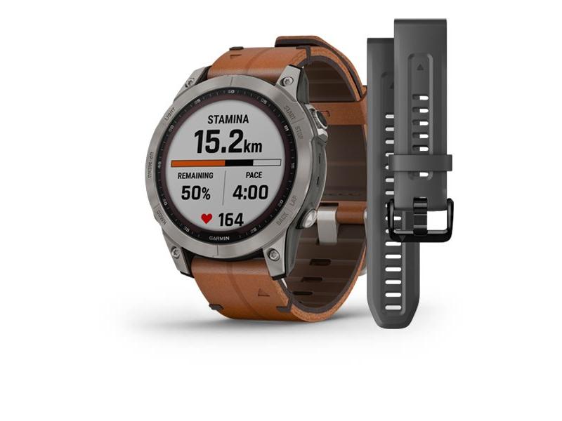 Chytré hodinky GARMIN fenix 7 PRO Sapphire Solar Style, Titan/ Brown Leather Band