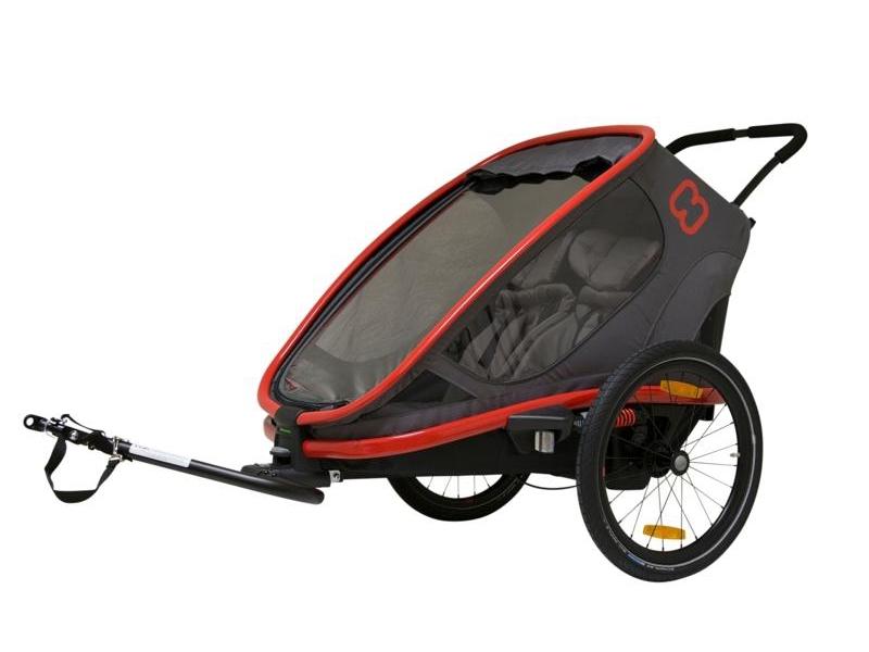 Cyklistický vozík HAMAX Outback 2v1 - dvoumístný vozík za kolo vč. ramena + kočárkový set Grey/Red/Antracit