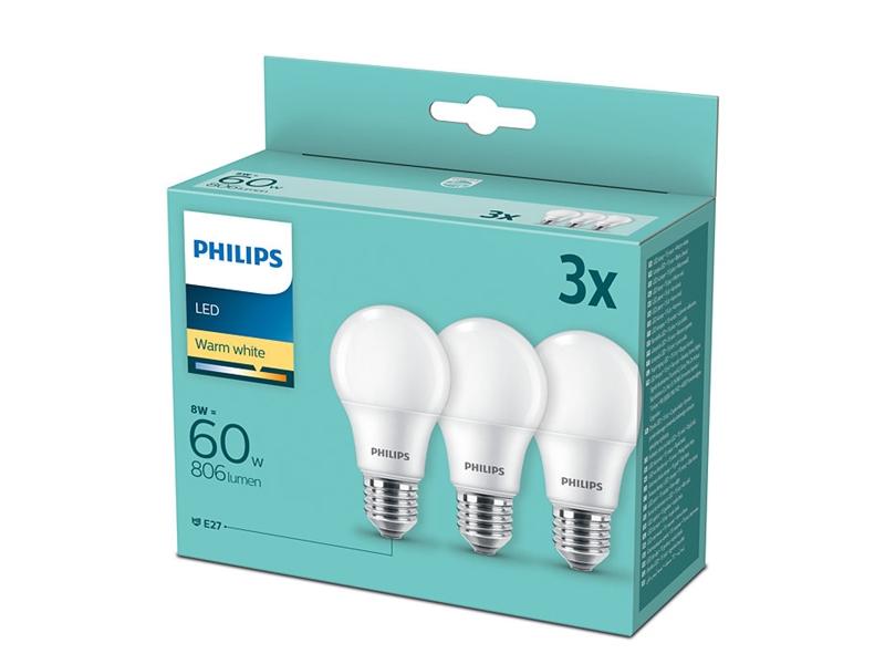 LED žárovka PHILIPS klasik, 8W, E27, teplá bílá, 3ks