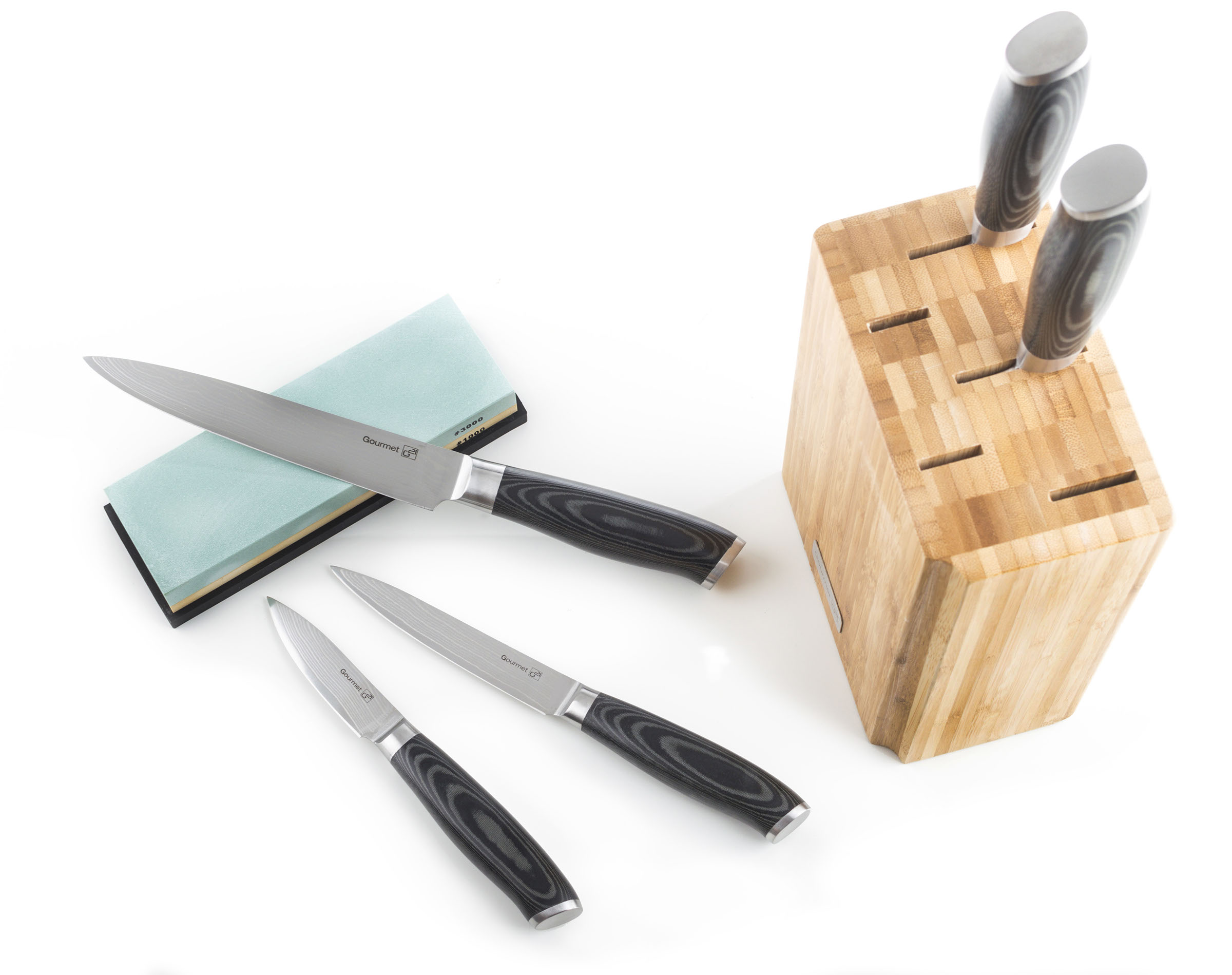 Sada nožů G21 Gourmet Damascus 5ks v bambusovém bloku + brusný kámen