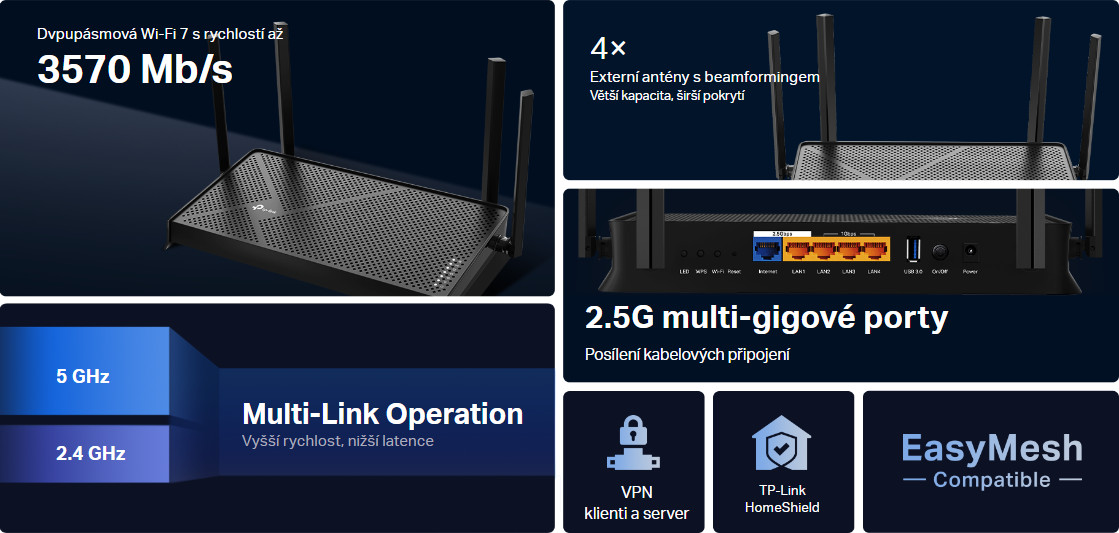 Dvoupásmový WiFi 7 router BE3600 TPLINK Archer BE3600